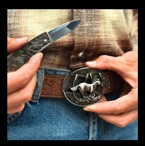 Brown Leather Belt with Silver Buckle And Knife